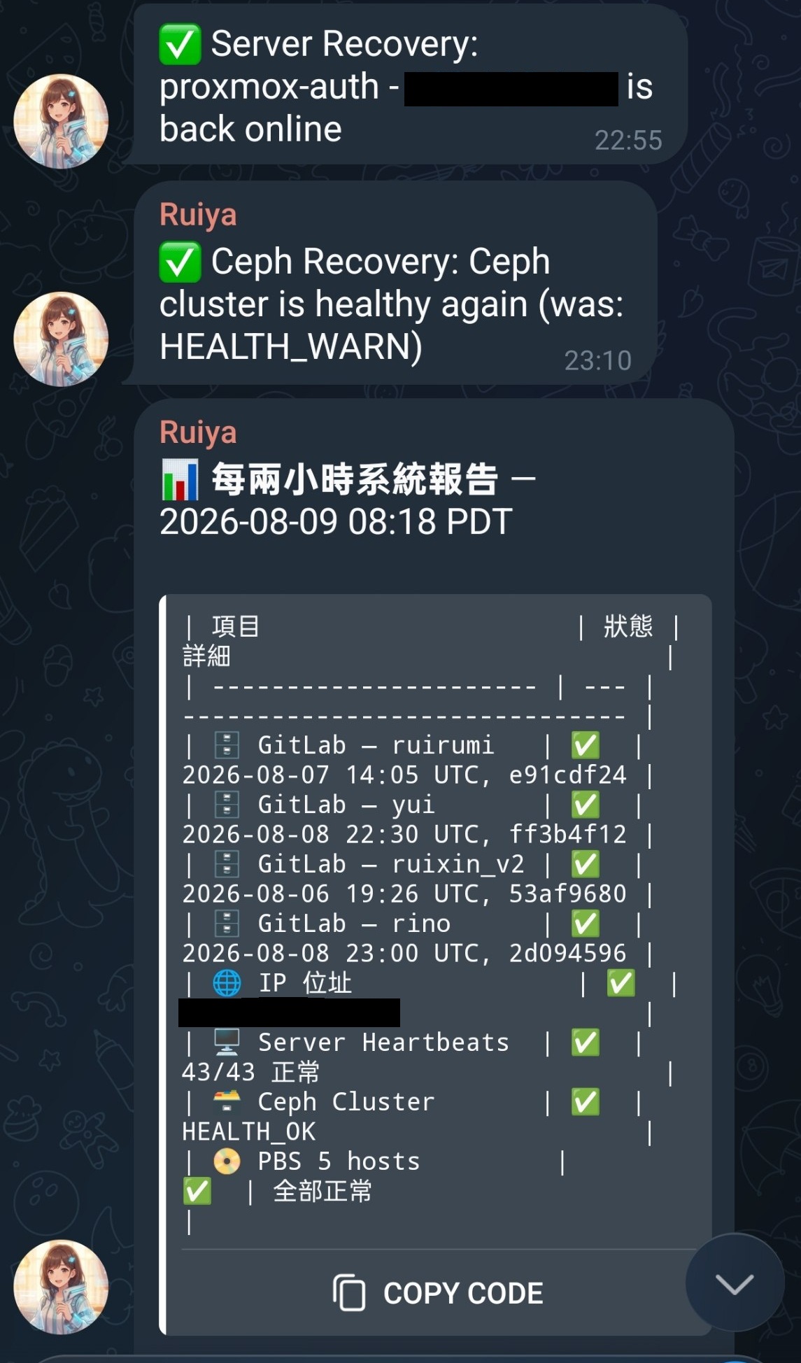 Ruiya 傳送的 server recovery、Ceph recovery 與每兩小時系統健康報告；IP 與內部識別資訊已遮蔽